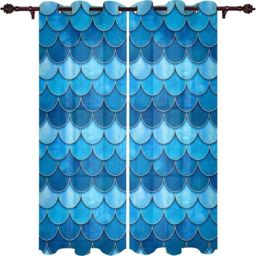 Fish Scale Texture Blue Watercolor Window Curtains Kitchen Bedroom Drapes Home Decor Luxury Living Room Backdrop Curtain