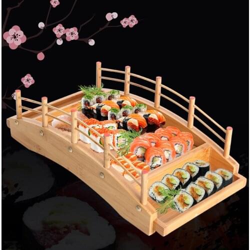 Japanese wooden wood Cuisine Sushi Bridge Boats Pine Creative Sushi Sashimi plate Platter Sushi Tableware Decoration Ornament