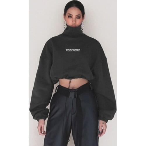 Women Fashion Turtleneck Short Solid Pullovers Long Sleeve Casual Stand-up Collar Sweatshirt Loose Drawstring Female Tops S-L