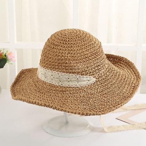 Hollow Out Lace Ribbon Collapsible Summer Women Straw Hat Korean Version Outdoor Shading Beach Hat Sun Visor Cap