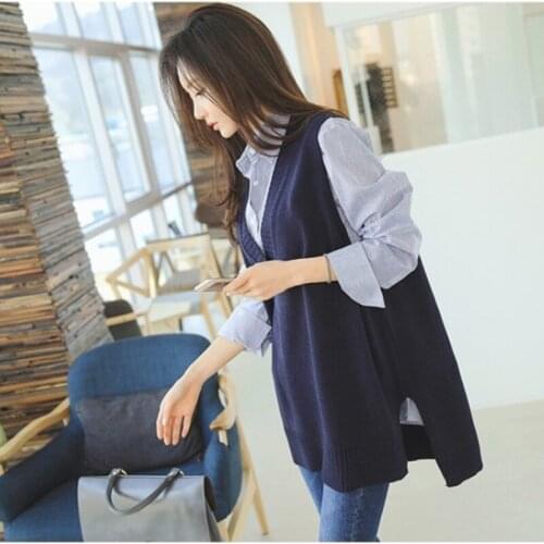 Korean Sleeveless Knitted Vest Women Gilet Spring Autumn Cashmere Sweater V Neck Pullovers Split Casual Loose Dress Female Tops