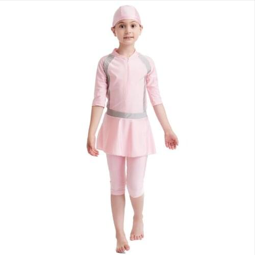 3PC swim suit muslim women child swimwear swimsuit diving girl femme maillot bain islamique burkini with hijab for kids pink XS