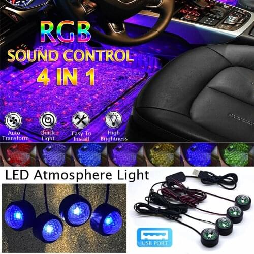 4 In 1 Rgb Led Atmosphere Car Light Interior Ambient Fiber Optic Strips Star Light By Music Control Diy Music Fiber Optic Band