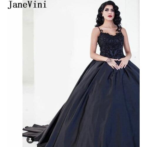 JaneVini Black Lace Beading Quinceanera Dresses Arabic Ball Gown Long Spaghetti Straps Sleeveless Applique Sweet 16 Dresses Prom