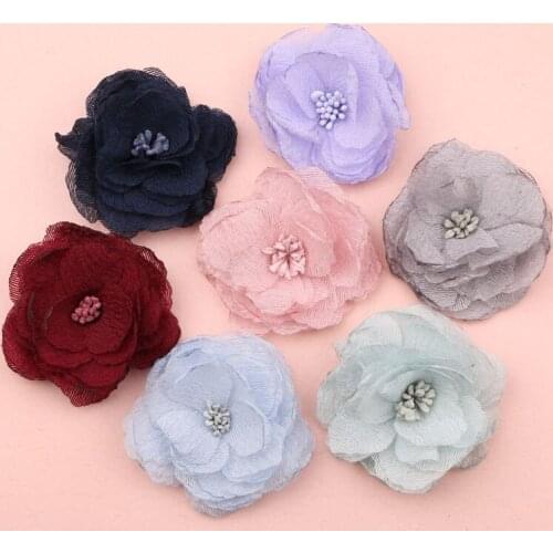 Free Shipping 10pcs 53MM Lace Chiffon Fabric Flowers Girl hair Jewelry Ornament Accessories DIY Garment Patch sticker Craft