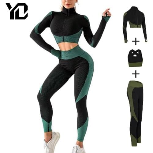 3 Piece Seamless Women Yoga Sets Long Sleeve Fitness Suit Sportswear Workout Running Gym Sport Clothes Fitness Yoga Clothing
