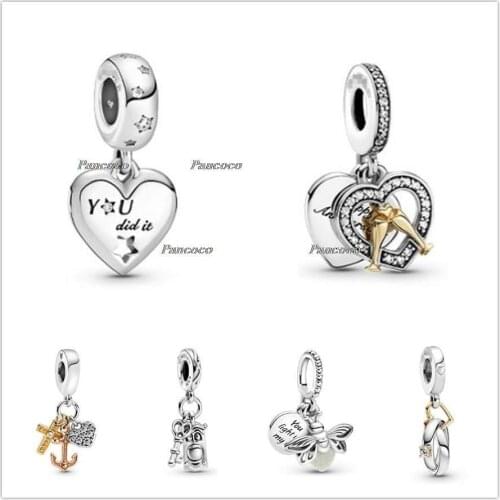 Authentic 925 Sterling Silver Triple Tone Cross Heart Anchor Dangle Charm Beads Fit Women Pandora Bracelet & Necklace Jewelry