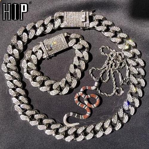 Hip Hop Bling Iced Out 20MM Link Cuban Prong Chain Coral Snake Full AAA Crystal Pave Mens Bracelets Necklace for Men Jewelry