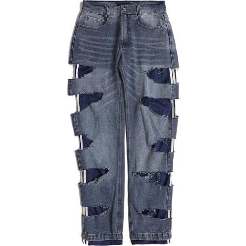 High Street Ripped Destroyed Jeans Pants Men Hip Hop Urban Black Streetwear Denim Trousers Hip Hop