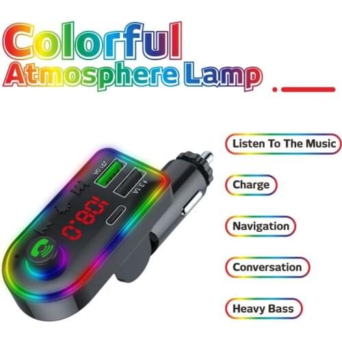 2021 Ambient Light Bluetooth 5.0 FM Transmitter Car MP3 Player Wireless Handsfree Audio Receiver USB USB-C Fast Charge TF U Disk