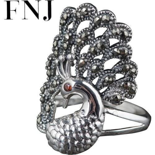 FNJ 925 Silver Rings Animal Peacock Adjustable Size 100% Original S925 Solid Silver Ring for Women Jewelry Fine Red Zircon