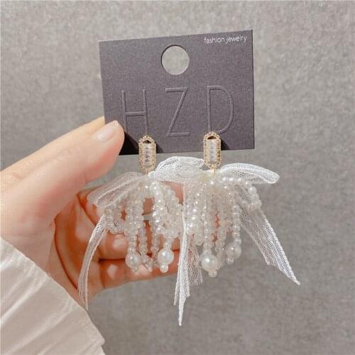 French Vintage White Lace Bow-knot Crystal Dangle Earring for Women Textured Pearl Tassel CZ Zircon Earring Jewelry Pendientes