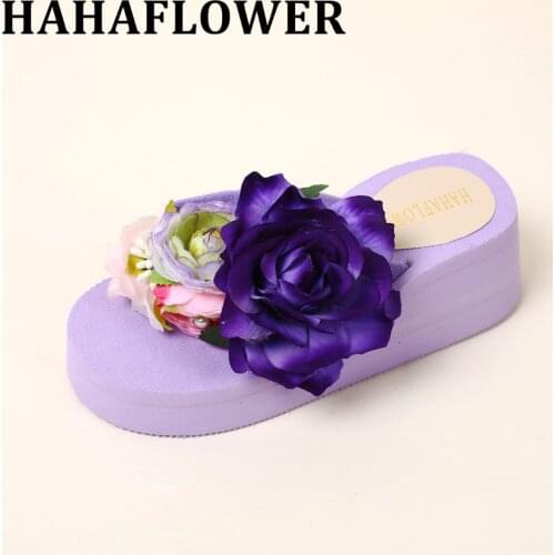 HAHAFLOWER Woman Summer Taro Purple Flower Thick Slope With Word Drag Beach Vacation Travel Lady Sandals Shoes