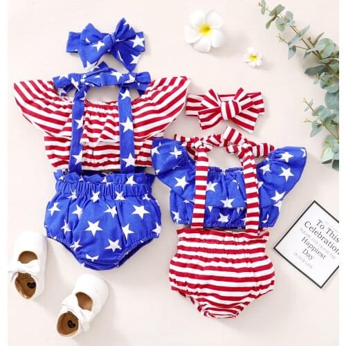 2021-04-27 Lioraitiin 3Pcs Set 0-18M Baby Girl Independent Day Romper Off Shulder Striped Stars Printed Top Shirt Shorts 2Styles