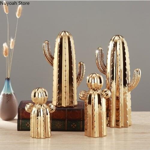 Brass Golden Ceramic Cactus Ornaments European Style Living Room Plant Crafts Decoration Modern Home Decoration Accessories
