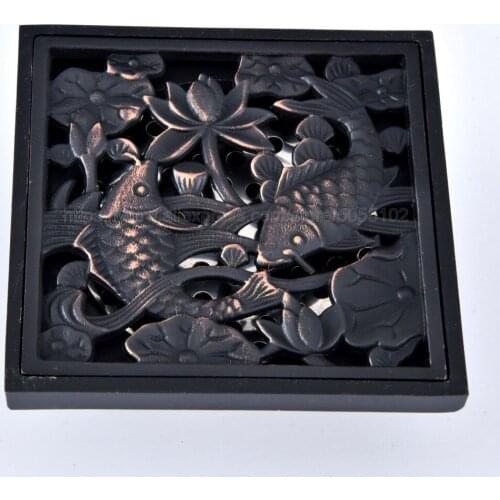 Oil Rubbed Bronze Floor Drain Fish Design Shower Drain 4" Square Bathroom Floor Waste Drain Water Drainer zhr088