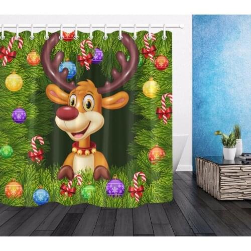 Cartoon Reindeer & Elk Shower Curtain Christmas Ball & Green Fir Tree Bathroom Waterproof Polyester Fabric for Kid Bathtub Decor