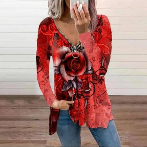 2021 trend new plus size V-neck womens fashion print autumn clothing street hipster long-sleeve zipper pullover T-shirt Tops