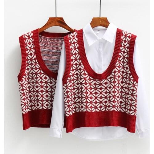 Autumn retro red plaid knitted vest womens vest all-match outer wear spring sleeveless o neck