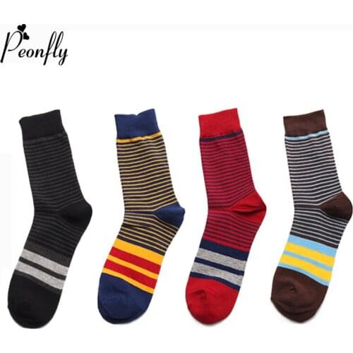 Peonfly Colorful Novelty Wide Stripes Thin Striped Pattern Men Ventilation Cotton Winter Male Fashion Business Dress Socks