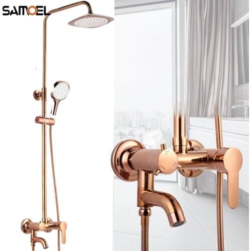 Modern Fashionable Brass Rose Golden Wall Mounted Shower Faucet Set Rose Gold Bathroom Shower Bath Mixer Tap ST342