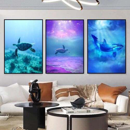 Animal Poster Blue Ocean Turtle and Dolphin Canvas Print Decorative Painting Modern Nordic Wall Picture For Living Room Decor