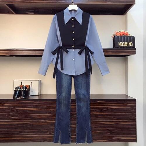 Plus size women casual denim shirt two piece suit spring 2021 new fashion streetwear long-sleeved shirt bow loose top jeans big