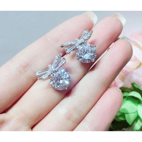 Luxury Female Small Bowknot Earrings Real 925 Sterling Silver Stud Earrings For Women Dainty White Round Zircon Wedding Earrings
