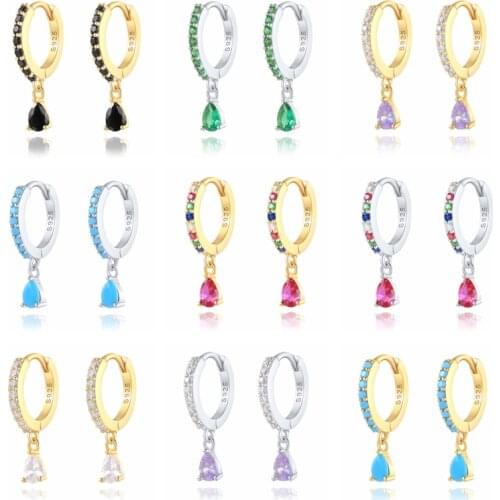 Aide 925 Sterling Silver Colorful Cubic Zirconia Teardrop Charm Hoop Earrings For Women CZ Crystal Circle Pendiente Fine Jewelry