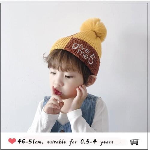 Baby Hat Winter Crochet Pompom Hat For Girls Faux Raccoon Fur Ball Boy Cap Fashion Kids Cap give me 5 Childrens Accessories