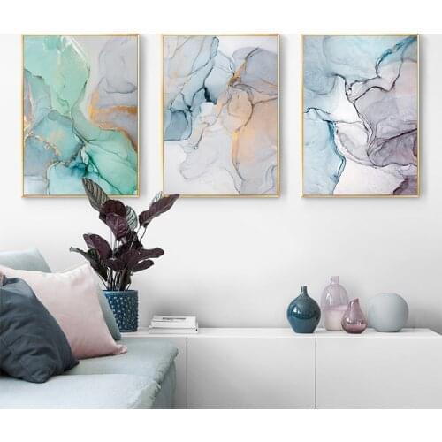 Nordic Morden Abstract Blue-gray line Wall Art Canvas Painting Golden Blue smoke Art Poster Print Wall Picture for Living Room