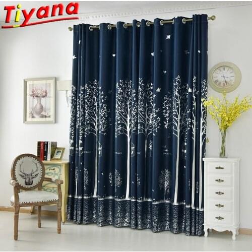 Modern Tree Bronzing Curtain for Living Room Dark Blue Blackout Panels Silver Leaves/Birds Pattern Window Drapes for Bedroom #VT