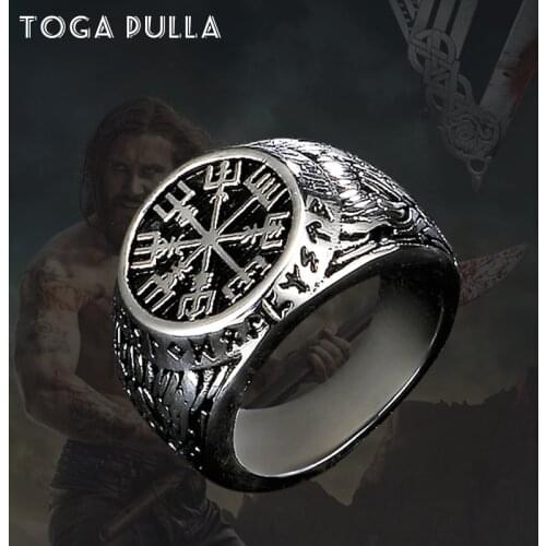 Vintage Stainless Steel Viking Odin Logo Compass Ring Mens Nordic Rune Valknut Ring Fashion Jewelry Wedding Party Gifts