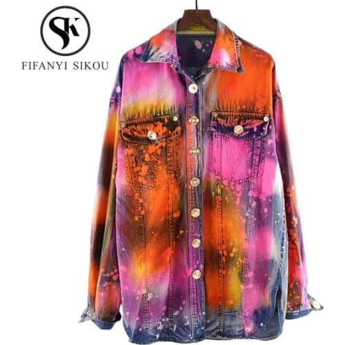 Tie-dye Denim Jacket Women Streetwear Fashion Graffiti Mid Long Female Jeans Jacket Button Pocket Loose Harajuku Jeans Coat