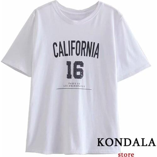 KONDALA Za White Oversized Cotton T-Shirts Women Letter Print Casual Summer Short Sleeve Mujer Tops Vintage T-Shirts