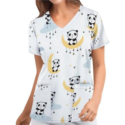 Women Health Care Cartoon Pattern Tops Nursing Working Uniform T-shirts With Pocket Cute Graphic Tee Gorro Enfermera A50