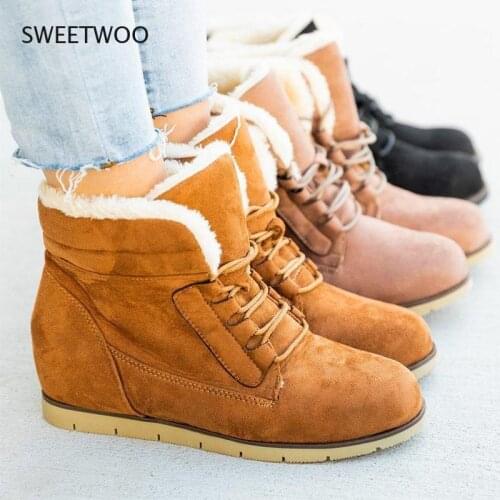 Women Snow Boots Plus Size Platform Lace Up Flat Warm Shoes Winter Suede Velvet Fur Ankle Boots 2021