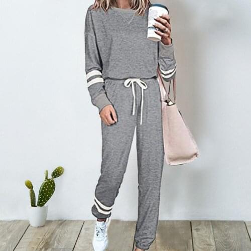 2 Pieces Set Women Tracksuit Long Sleeve Loose Women Blouse Drawstring Long Pants Striped Tracksuit for Spring