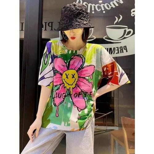 Flower Print Thin Hollow Out Graffiti Tops Women Nice Short Sleeve Kawaii Sweater Womens Clothing Nice
