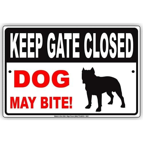 Tin Sign Metal Tin Sign 8x12 inches Keep Gate Closed Dog May Bite! with Graphic Animal Safety Protection Alert Attention Caution