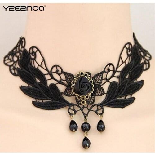 1PC Gothic, Vintage Hot Womens Black Rose Teardrop Bead Pendant Lace Choker Lolita Collar Necklace New