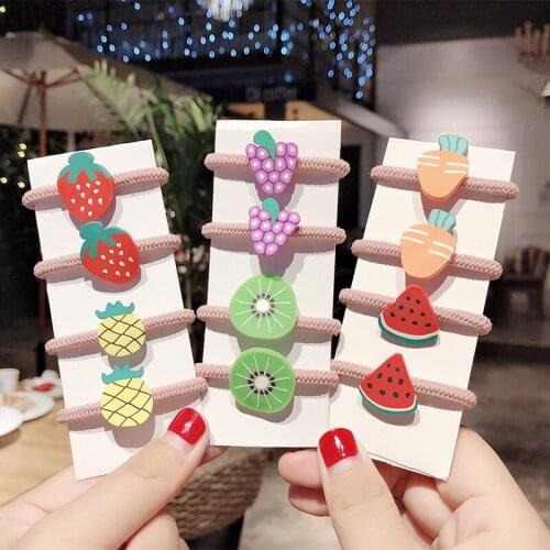 10Pcs/Pack Children Headwear Set Cute Fruit Vegetable Hair Bands Cartoon Grape Strawberry Elastic Rubber Bands Hair Accessories