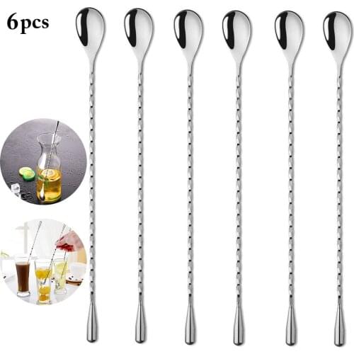 6pcs Cocktail Bar Spoon Stainless Steel Threaded Twisted Mixing Stir Spoon Bar Tool Bartender Tools Cocktail Spoon Stirrer