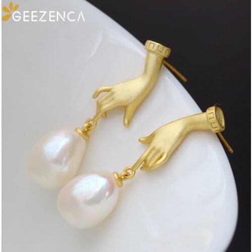 GEEZENCA 925 Silver Gold Plated Natural Pearl Stud Earrings For Women Special Shaped Pearl Finger Earring 2021 New Trend Gift