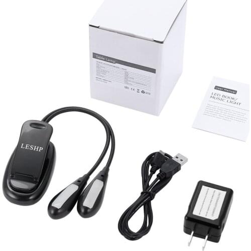 LESHP 8LED Book Light Double Pole Clip On Music Stand Light Rechargeable Dimmable Adjustable Neck Built-in 1000mAh Battery