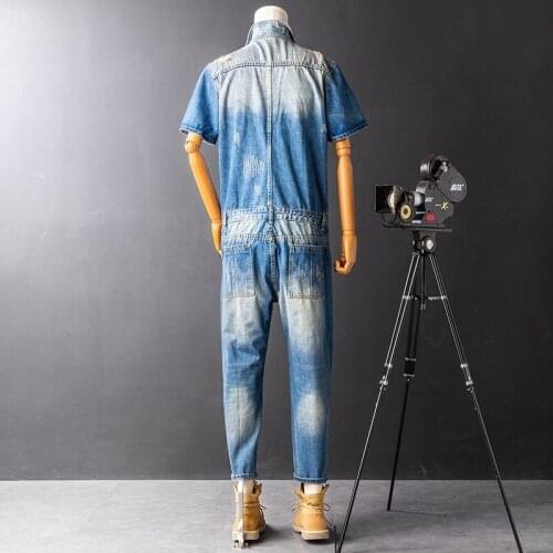 Vintage Mens Cargo Overalls Short Sleeve Summer One Piece Jeans Hole Ripped Washed Denim Jumpsuits Man Hip Hop Slim Fit Jumpsuit