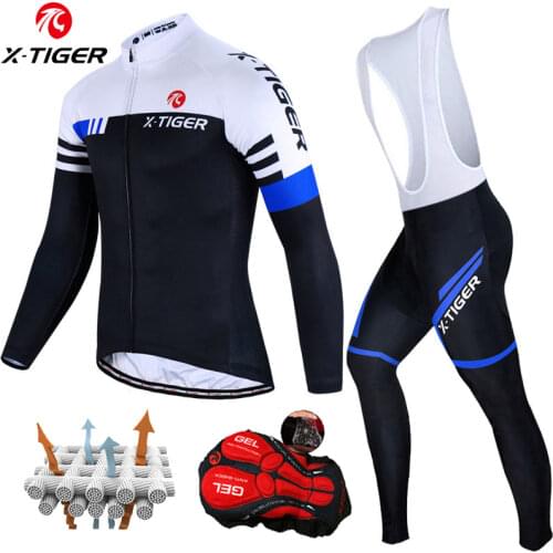 X-Tiger Cycling Jerseys Set 5D Gel Padded Bib Pants Quick Dry Mens Long Sleeve Bicycle Clothing Sunscreen Cycling Suits Set