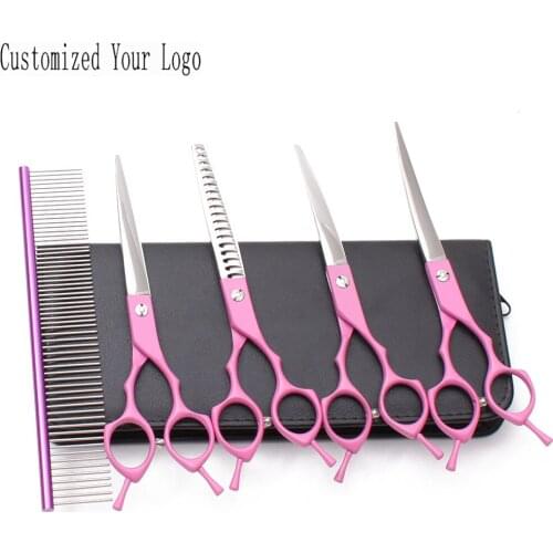Suit 7In. 5Pcs Customize Log 440C Straight Scissors Thinning Shears Curved Shears Pet Shears Dog Grooming Scissors Kit DIY C3009