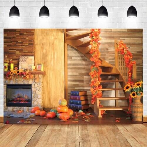 Laeacco Autumn Interior Fireplace Pumpkins Stair Sunflowers Scene Portrait Shoot Photography Background Photozone Photo Backdrop