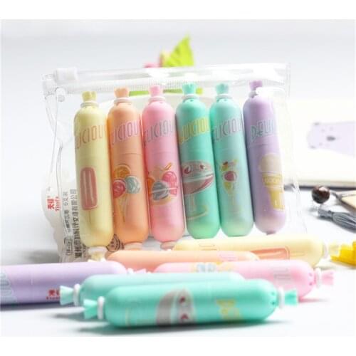 Cute Sausage Shaped Highlighter Pen 6 pcs Assorted Neon Colors Water Based Text Marker Coloring DIY Gift for Children Students